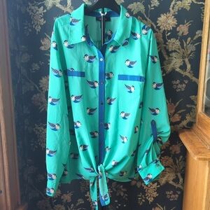 Style&Co Button Down Blouse With Bird Print Long Sleeve Size Women's XL
